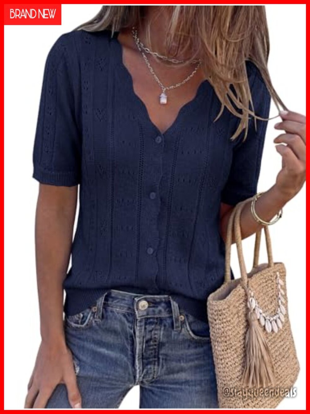 Crochet Knit Button Down Cardigan Short Sleeve Scalloped Edge Summer Sweater